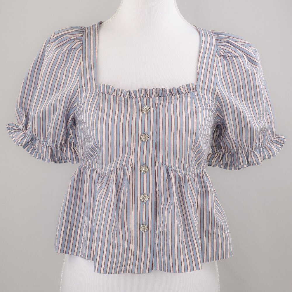 Ganni Yarn-Dyed Candy Striped Puff-Sleeve Blouse, Soft Chambray, US 2 (IT 34)